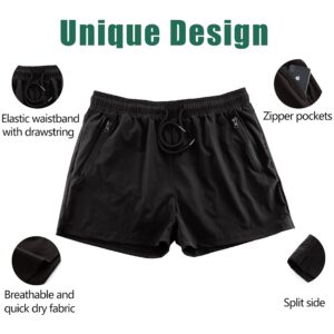 Rexcyril Men's Athletic Gym Workout Shorts 3 Inch Quick Dry Running Bodybuilding Short Shorts with Liner and Zipper Pockets, Black, Medium