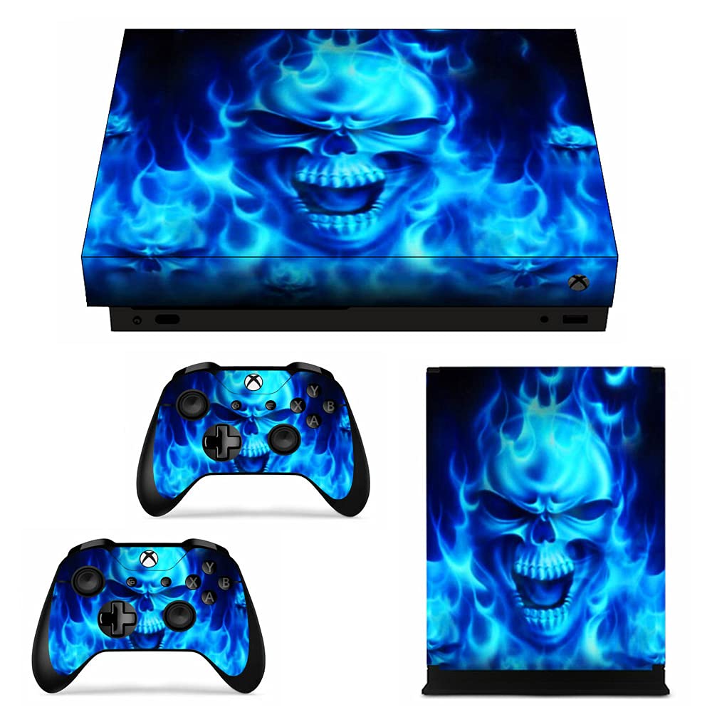 FOTTCZ Vinyl Skin for Xbox One X Console & Controllers Only, Sticker Decorate and Protect Equipment Surface, Blue Fire Evil Spirit