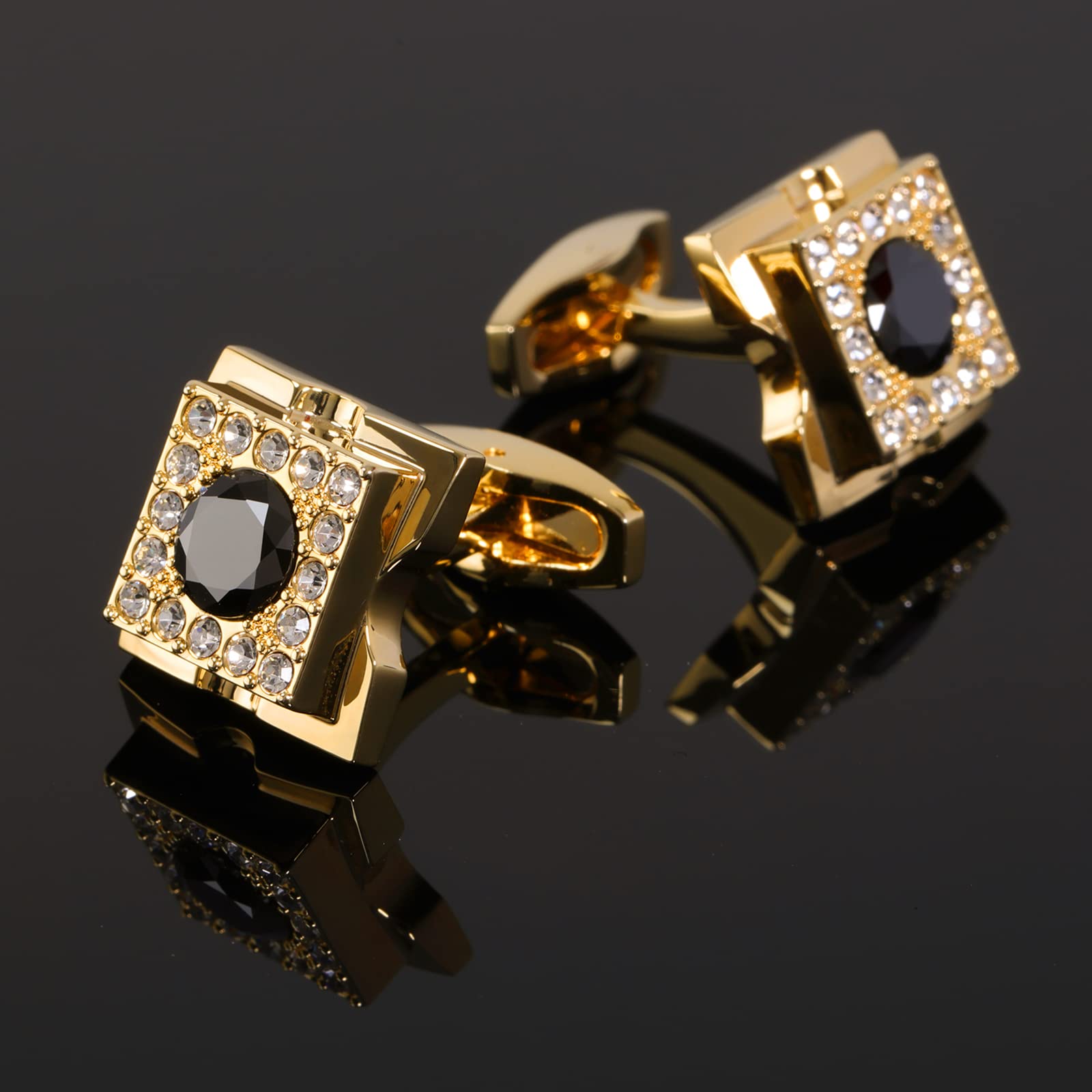 Sogee 18K Gold Plated Black Crystal Cufflinks for Men Square Elegant Mens Cuff Links for Business Wedding Party Unique Gift