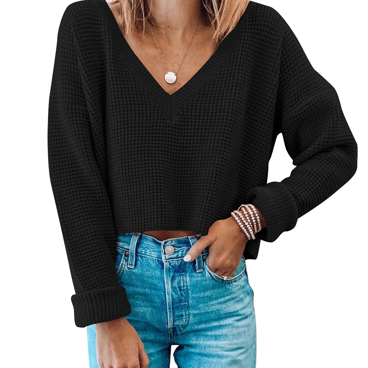 Womens V Neck Long Sleeve Tops Crop Waffle Knit Crepped Casual Loose Pullover Crop Sweater L Black