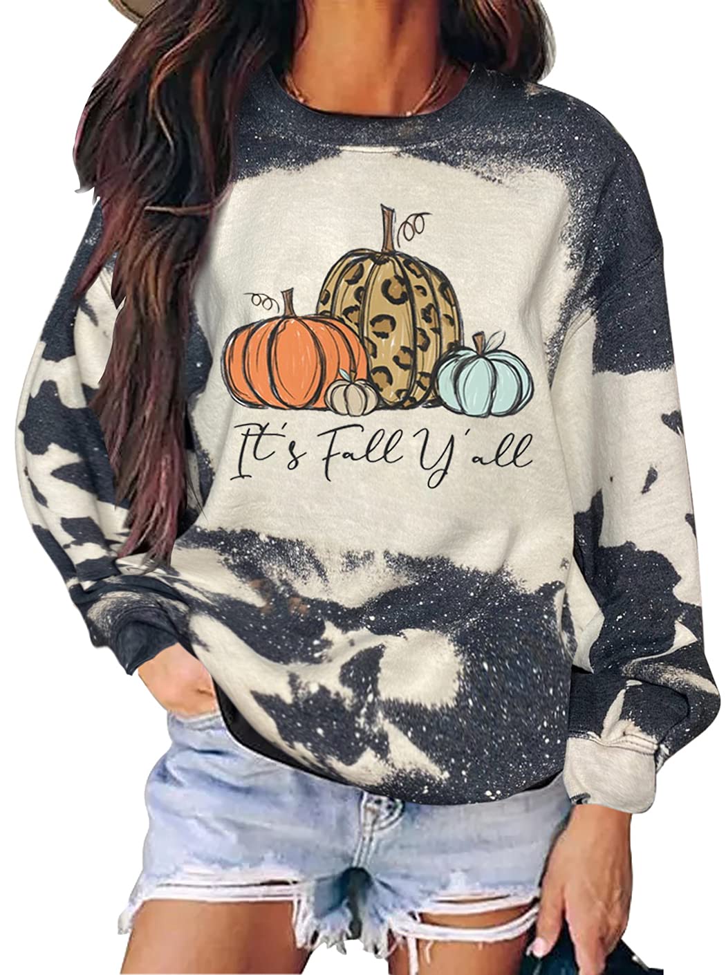 CHUNTIANRAN It's Fall Y'all Bleached Sweatshirt for Women Halloween Funny Pumpkin Graphic Pullover Tops Thanksgiving Sweatshirt Tees (Grey, X-Large)