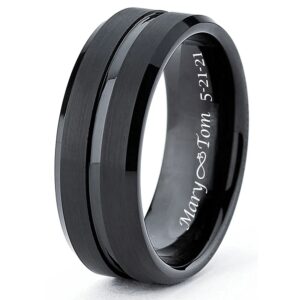 Personalized Black Matte Striped Tungsten Ring Custom Engraved Free - 7mm Black Wedding Band - Ships from USA