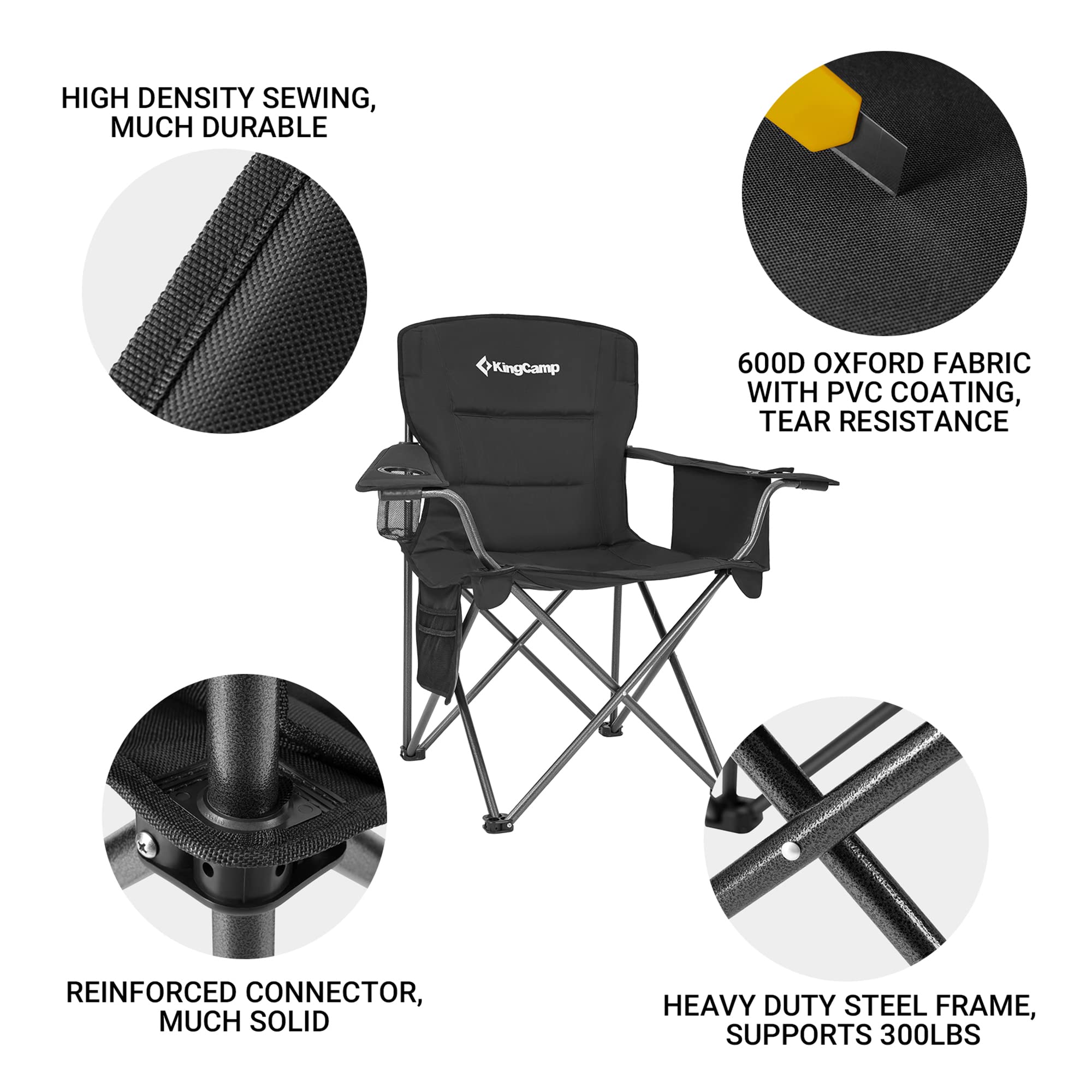 KingCamp Padded Folding Lounge Chairs with Built in Cupholder, Insulated Cooler Sleeve, and Side Storage Pocket for Indoor and Outdoors, 2 Pack, Black