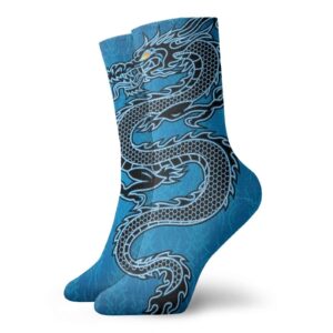 japanese dragon funny compression socks women and men,black dragon on blue tribal background year of the dragon themed art,best for circulation,running,athletic,nurse,travel,blue black white -12 inch