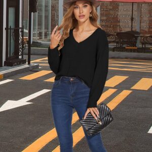 Womens V Neck Long Sleeve Tops Crop Waffle Knit Crepped Casual Loose Pullover Crop Sweater L Black