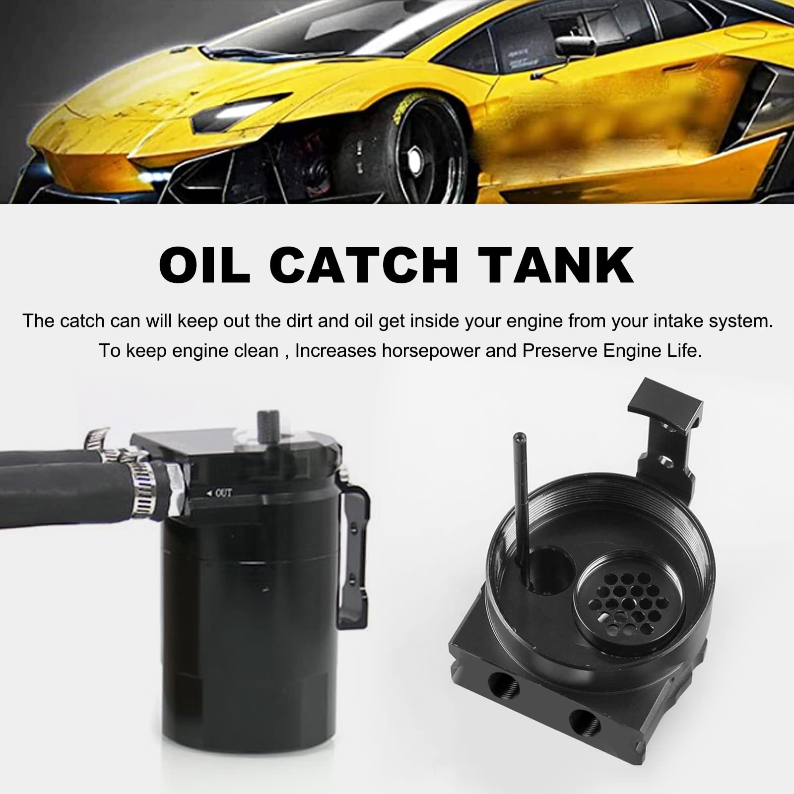 RULLINE Oil Catch Can Kit Oil Separator Reservoir Tank Engine Polish Baffled Compatible with 2011-2019 Ford F150 2.7EB 3.5EB 5.0 Passenger Side with Breather Filter,Aluminum,Black,400ml