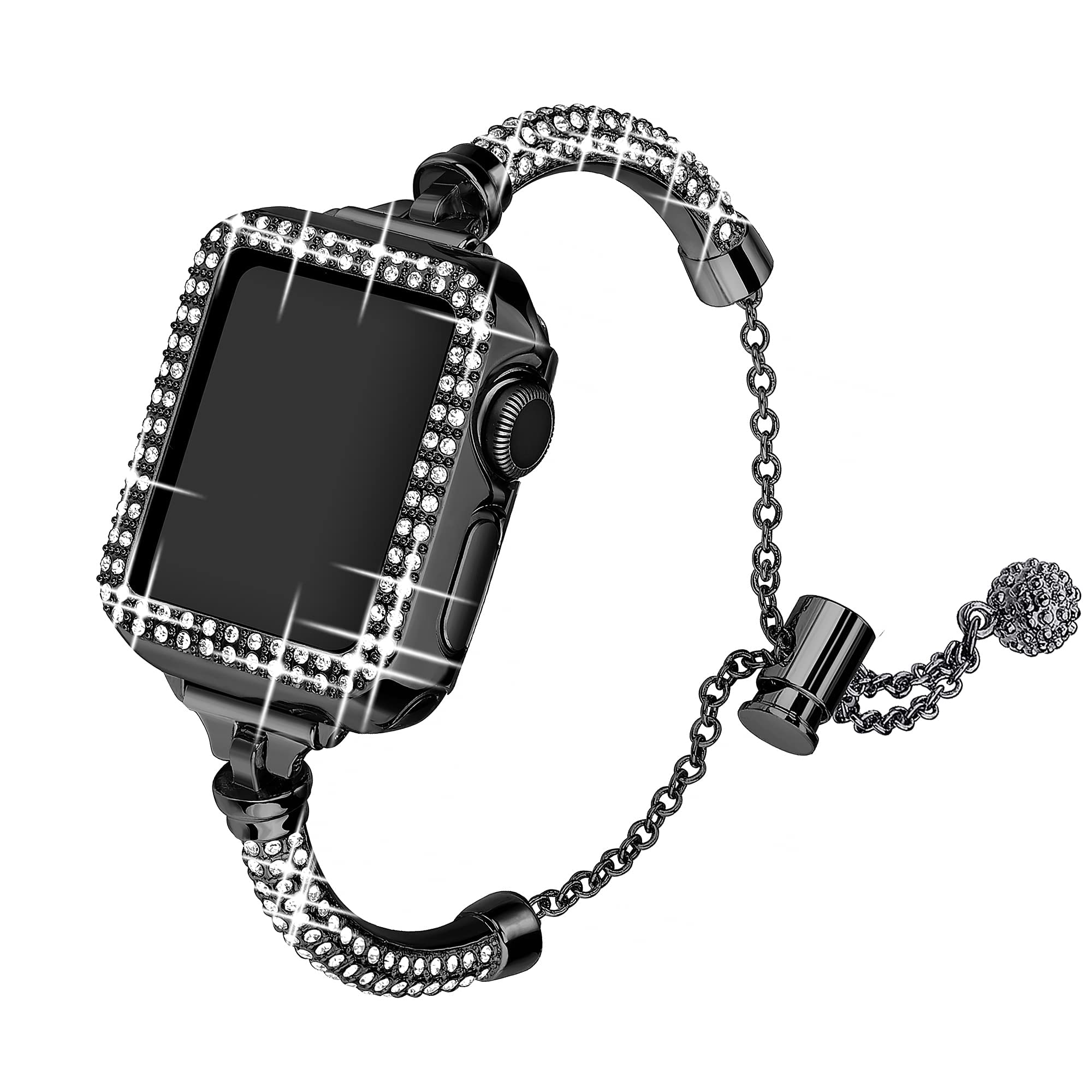 Secbolt Bling Bands Compatible with Apple Watch Band 38mm with Case, Women Dressy Metal Bracelet with Rhinestone Bumper for iWatch Series 3/2/1, Black