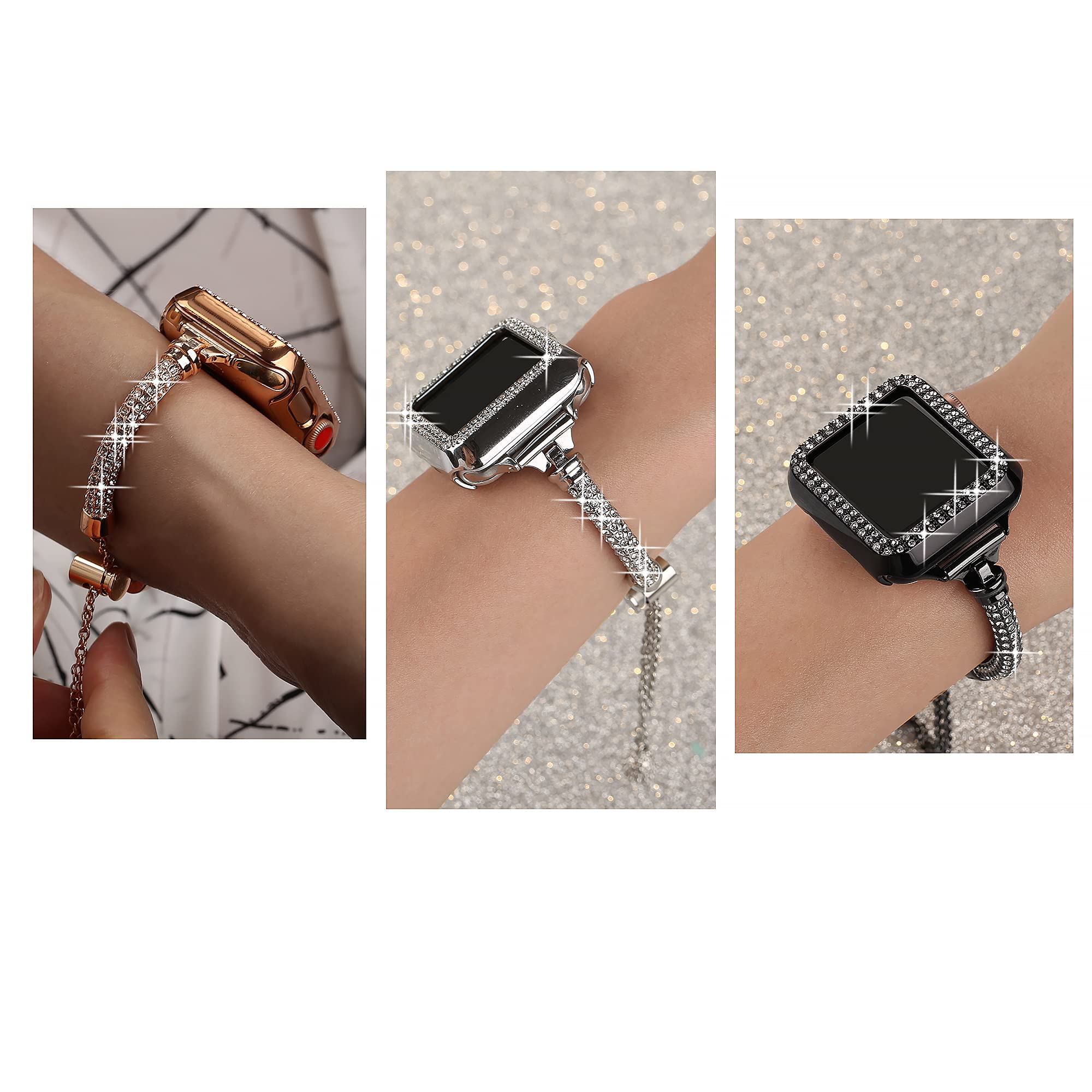 Secbolt Bling Bands Compatible with Apple Watch Band 38mm with Case, Women Dressy Metal Bracelet with Rhinestone Bumper for iWatch Series 3/2/1, Black