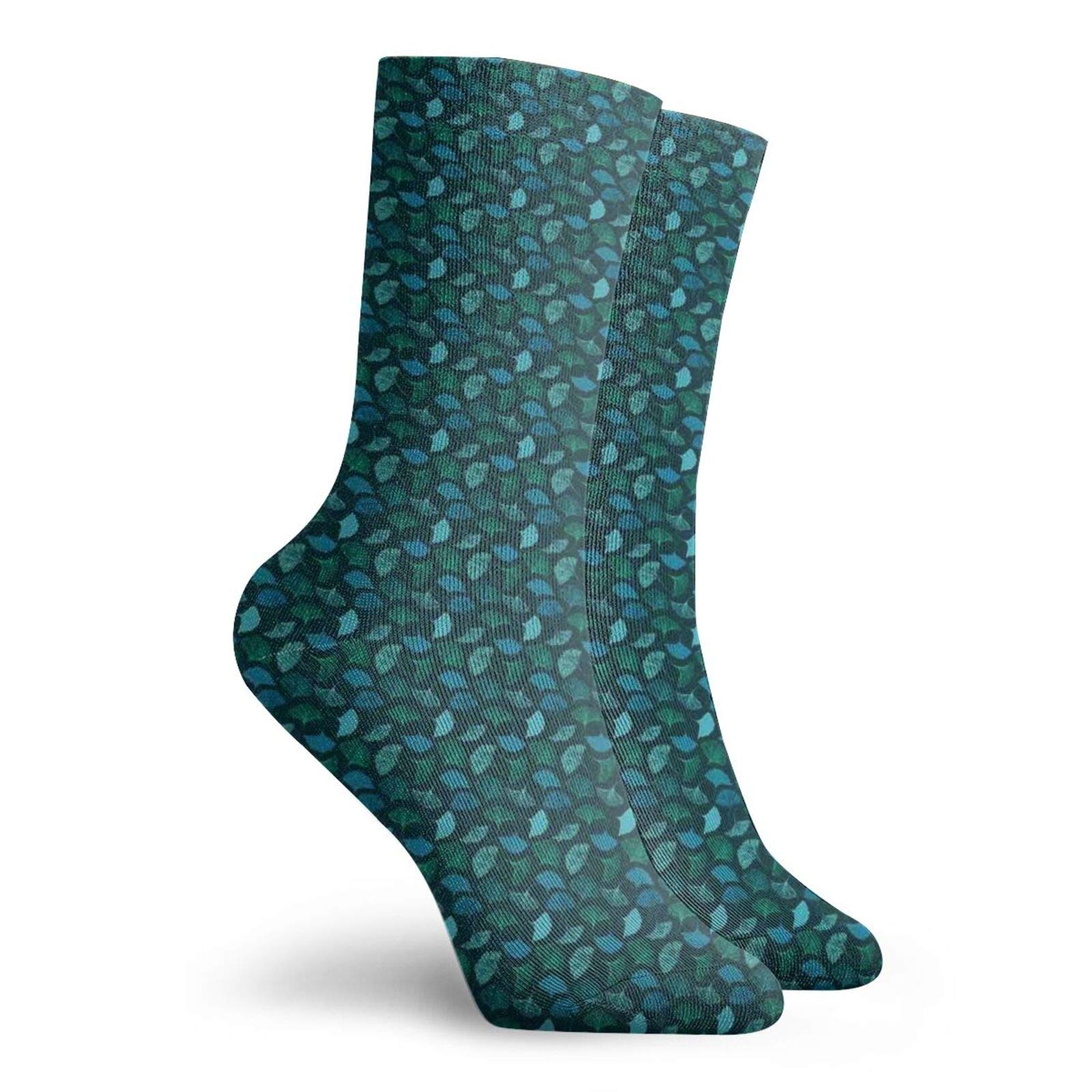 Tropical Funky Colorful Cushion Sport Socks,Aqua Color Line Art Exotic Ginkgo Leaves Repeating,Athletic Cushioned Running Performance Crew Socks For Men/Women,Turquoise Dark Teal Petrol Blue -12 inch