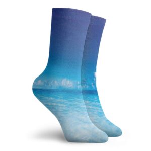 Landscape Funny Compression Socks Women and Men,Ocean Scenery Deep Sea Beach Hot Summer Themed Photo,Best for Circulation,Running,Athletic,Nurse,Travel,Turquoise Light Blue And Dark Blue -12 inch