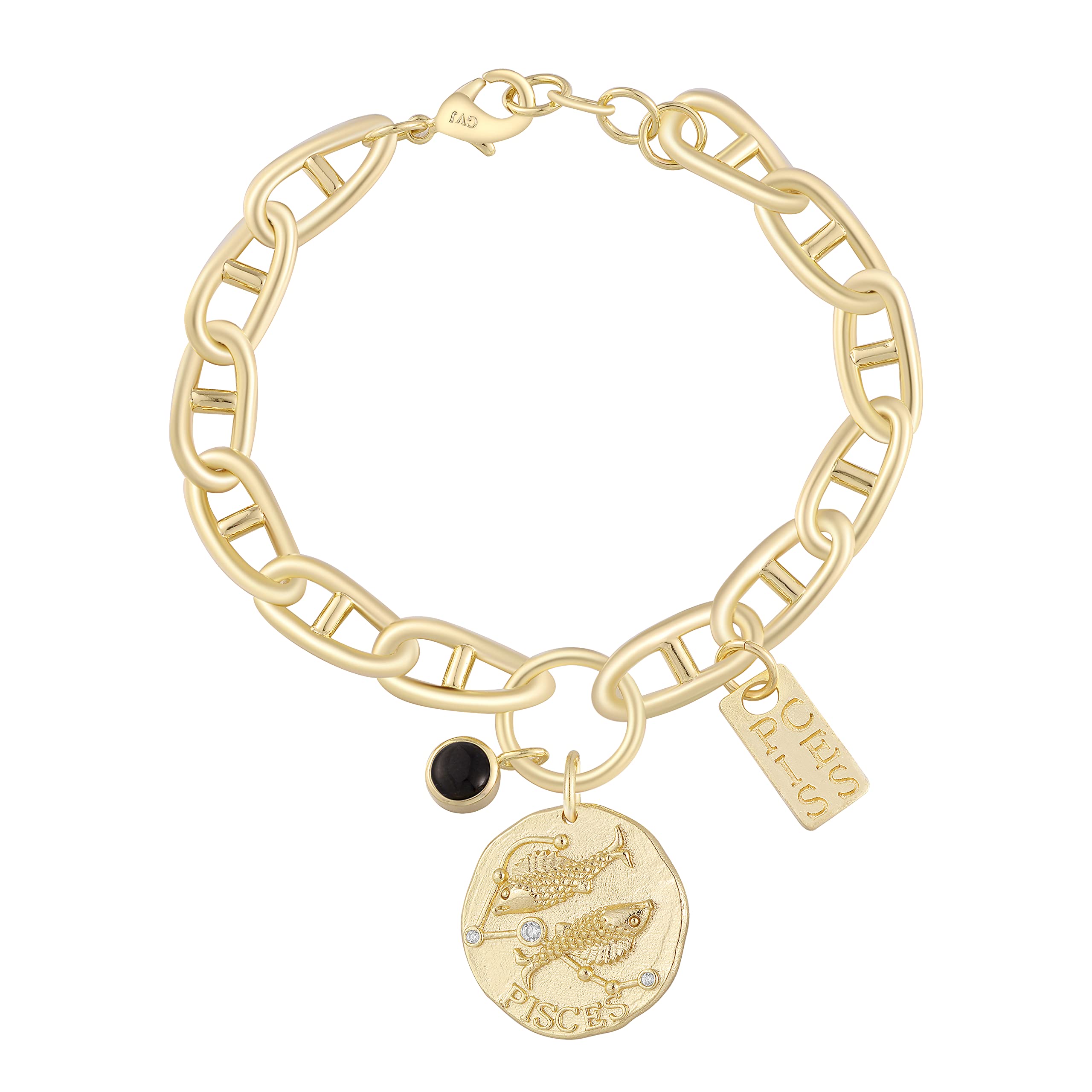 GOVENUS Astrology Zodiac Sign Pisces Bracelet,14K Gold Plated Brass Antique Coin Pendant And Onyx Charm With 7 Inches Adjusted GICCI Chain,Perfect Gifts For Womens