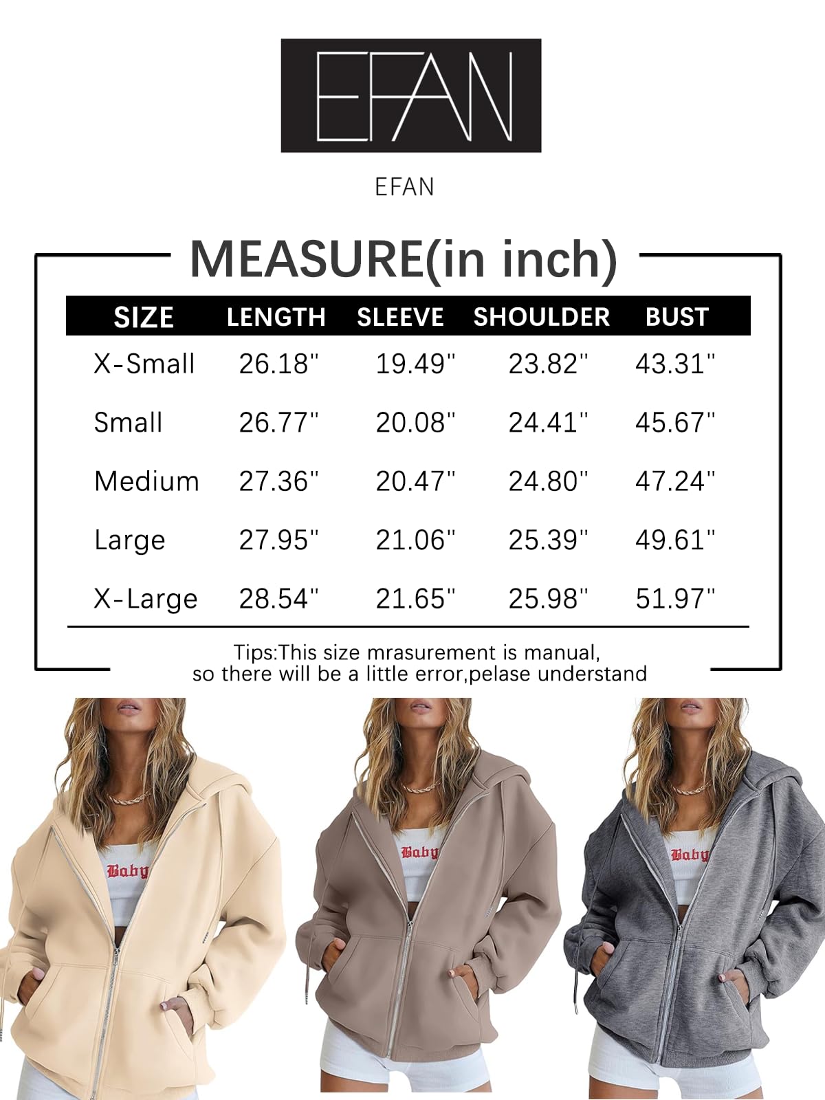 EFAN Oversized Sweatshirt Women 2024 Fall Fleece Jacket Cute Hoodies Pullover Hooded Tops Teen Girl Casual Loose Fit Zip Up Y2k Trendy Fashion Gym Clothes Outfits Grey M