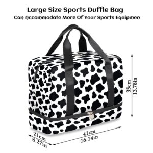 Cow Print Sports Gym Bag with Shoes Compartment,Black and White Travel Duffel Bag for Women Men Boys Girls Teens Overnight Weekend Yoga Workout Bag Training Handbag