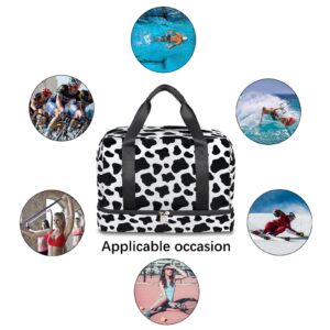 Cow Print Sports Gym Bag with Shoes Compartment,Black and White Travel Duffel Bag for Women Men Boys Girls Teens Overnight Weekend Yoga Workout Bag Training Handbag