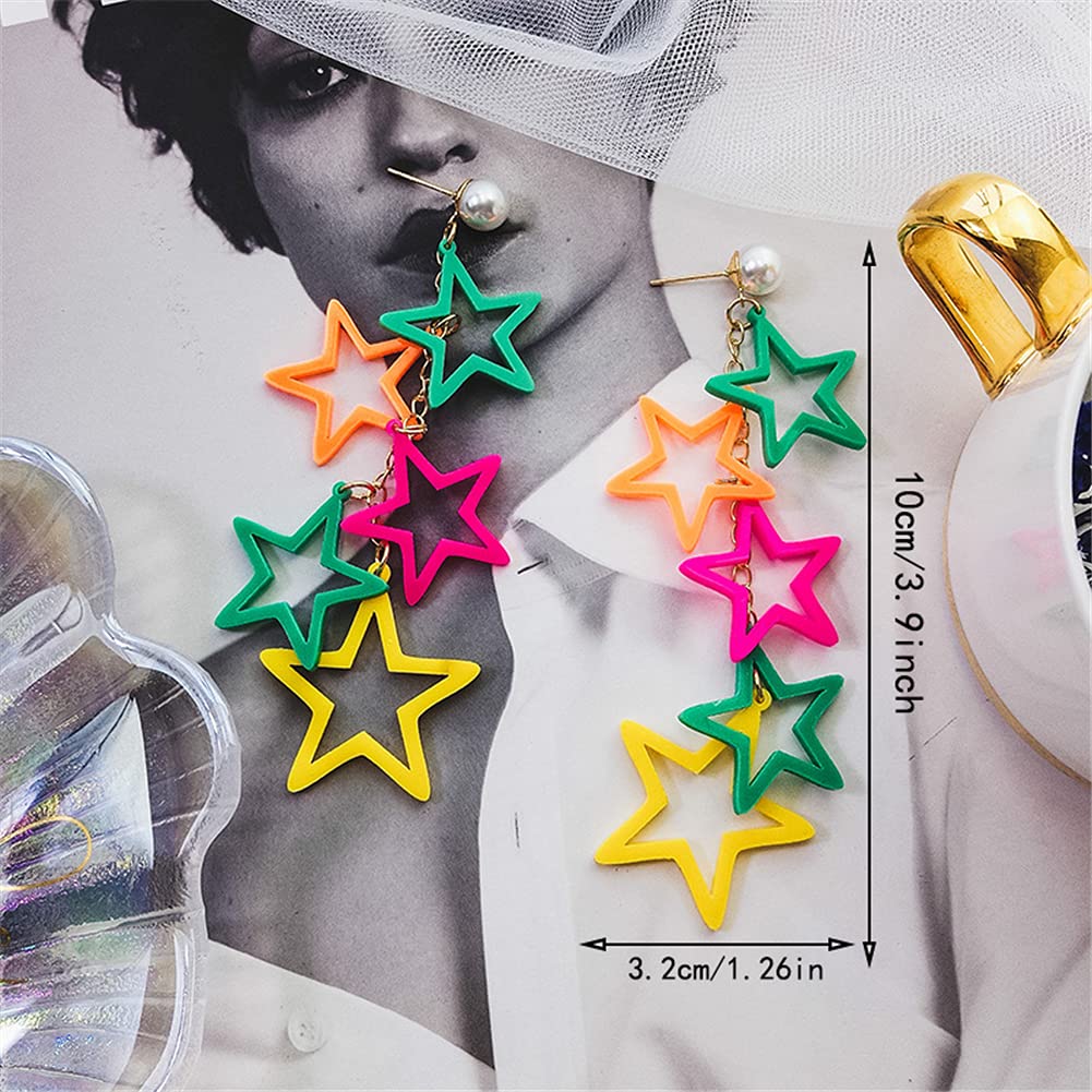 CHUNYANAN Boho Charm Hollow Colorful Acrylic Five-pointed Star Exaggerated Dangle Drop Earrings Color Five Stars With Pearl Drop Earrings Sparkly Chic Jewelry Gift (Colorful Acrylic Five-pointed Star)