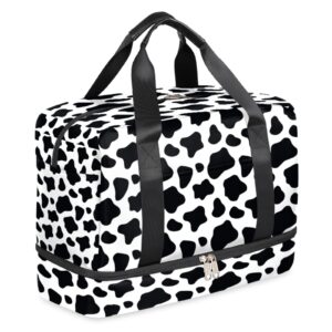 Cow Print Sports Gym Bag with Shoes Compartment,Black and White Travel Duffel Bag for Women Men Boys Girls Teens Overnight Weekend Yoga Workout Bag Training Handbag