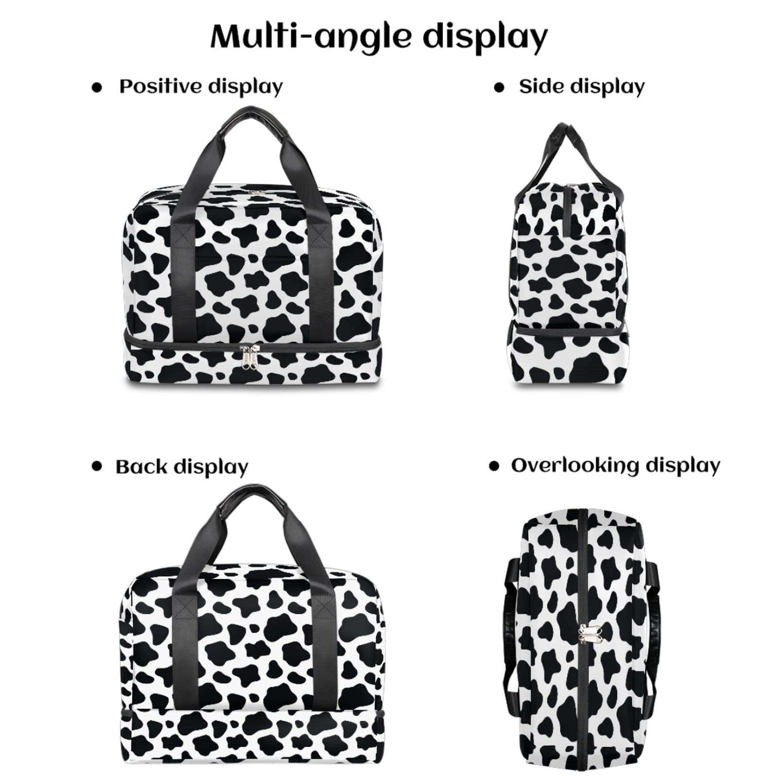 Cow Print Sports Gym Bag with Shoes Compartment,Black and White Travel Duffel Bag for Women Men Boys Girls Teens Overnight Weekend Yoga Workout Bag Training Handbag