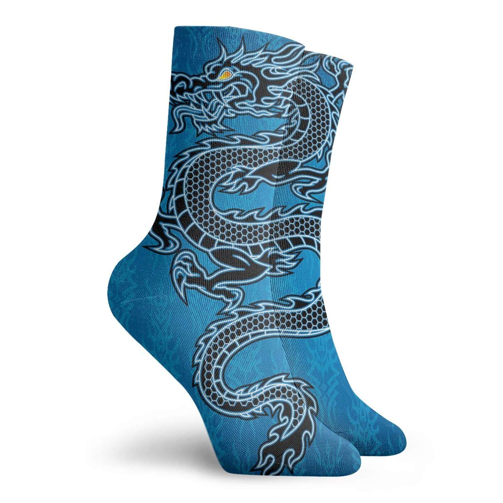 Japanese Dragon Funny Compression Socks Women and Men,Black Dragon On Blue Tribal Background Year Of The Dragon Themed Art,Best for Circulation,Running,Athletic,Nurse,Travel,Blue Black White -12 inch