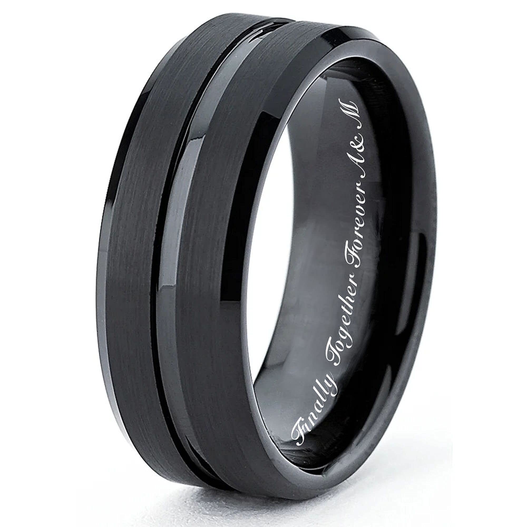 Personalized Black Matte Striped Tungsten Ring Custom Engraved Free - 7mm Black Wedding Band - Ships from USA