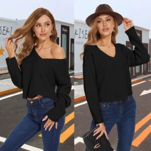 Womens V Neck Long Sleeve Tops Crop Waffle Knit Crepped Casual Loose Pullover Crop Sweater L Black