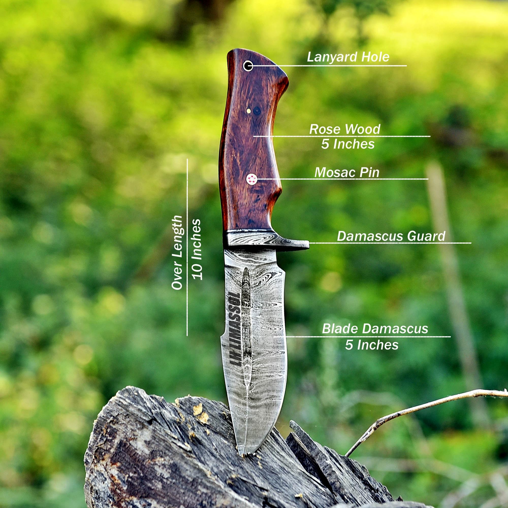 Handmade Damascus Bowie Knife For Hunting Skinning Outdoor Damascus Steel Survival Hunting Knife With Horizontal Carry Sheath Fixed Blade Damascus Hunting Belt Knife for Camping, Bushcraft Ergonomic Rose wood Handle | Cool Knives For Men Tactical (Rose Wo