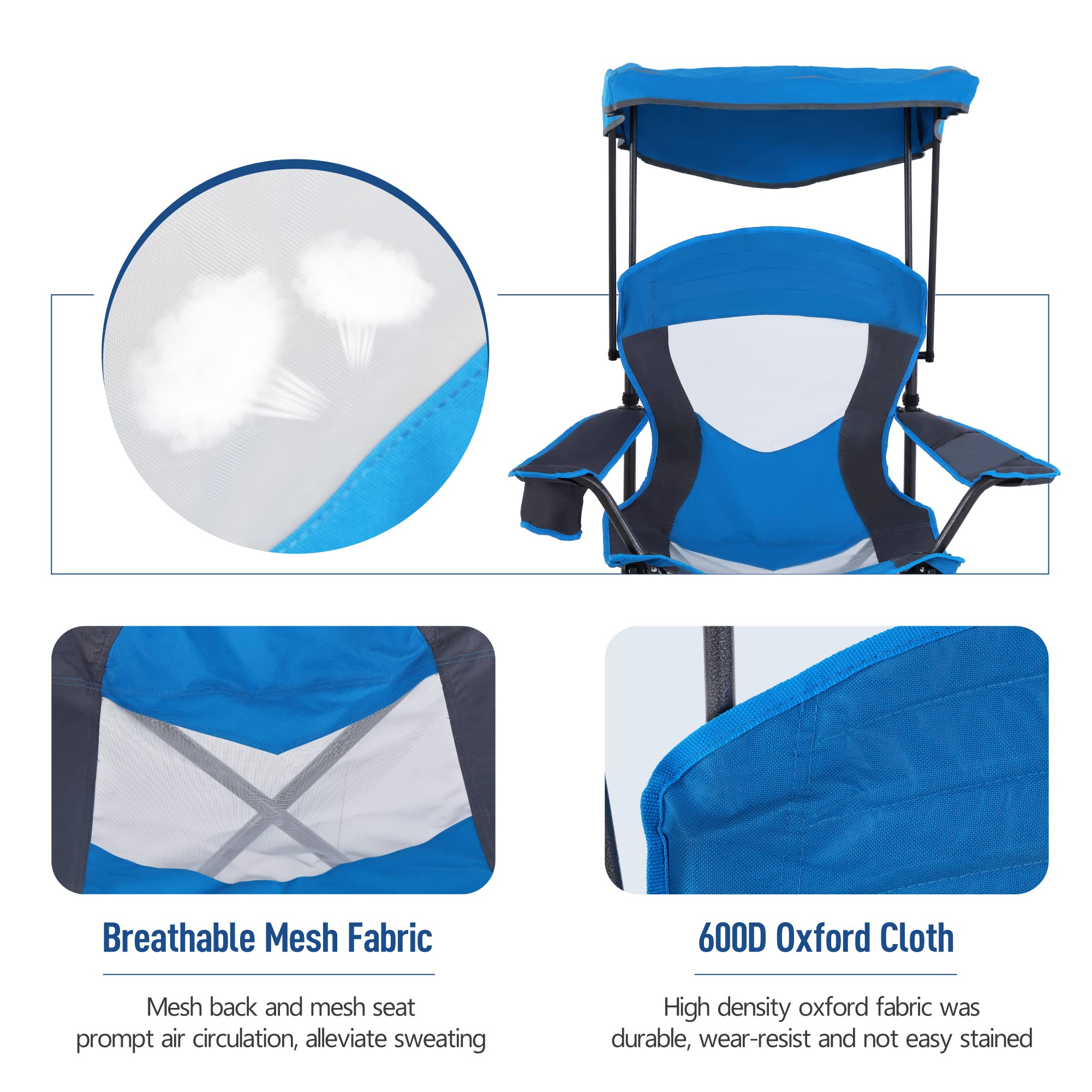 ALPHA CAMP Camp Chair with Shade Canopy Folding Camping Chair with Cup Holder and Carry Bag for Outdoor Camping Hiking Beach, Heavy Duty 300 LBS, Royal Blue