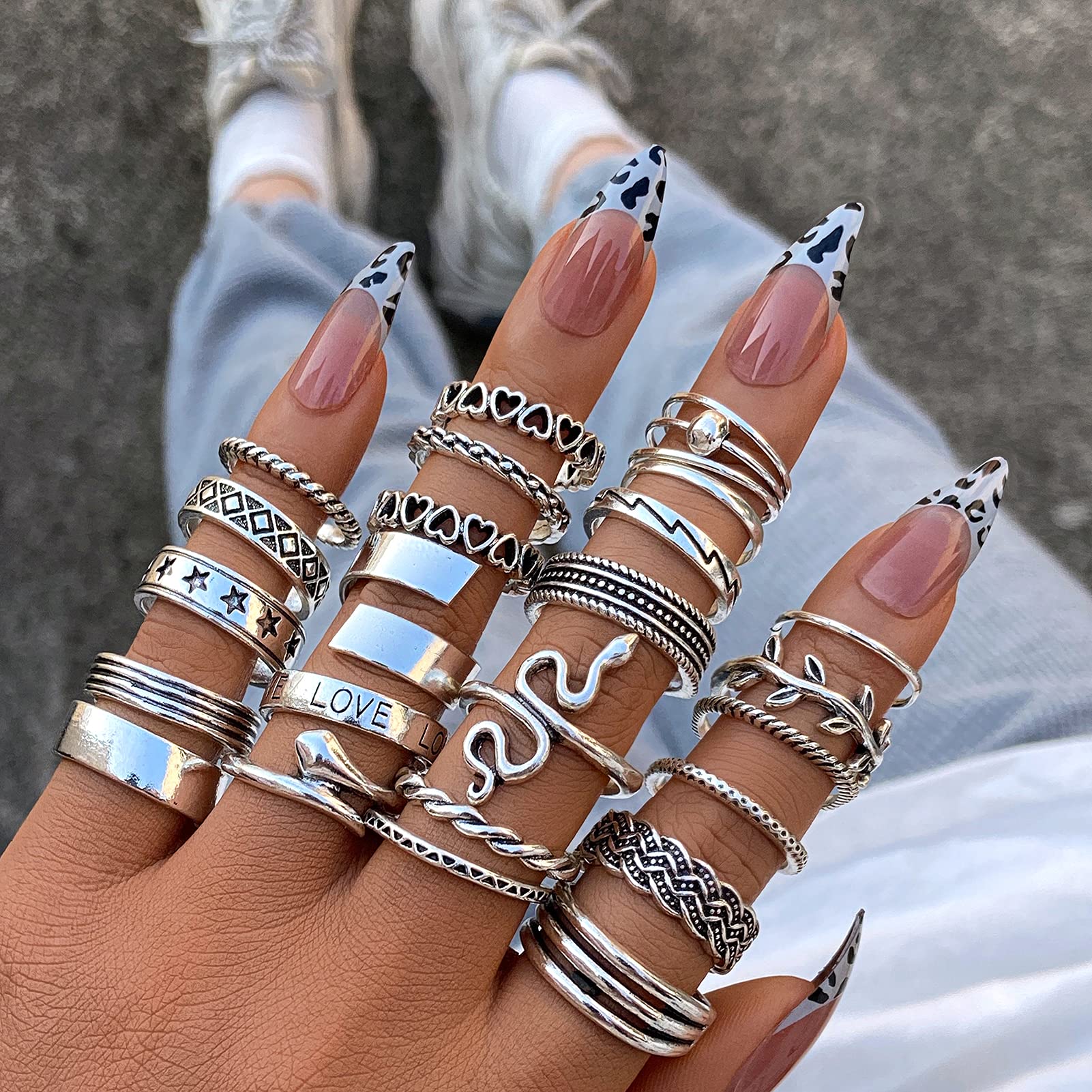 iF YOU Vintage Silver Knuckle Rings Set for Women, 24pcs Open Stackable Midi Rings, Boho Butterfly Snake Finger Ring Pack