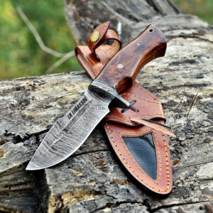 handmade damascus bowie knife for hunting skinning outdoor damascus steel survival hunting knife with horizontal carry sheath fixed blade damascus hunting belt knife for camping, bushcraft ergonomic rose wood handle | cool knives for men tactical (rose wo