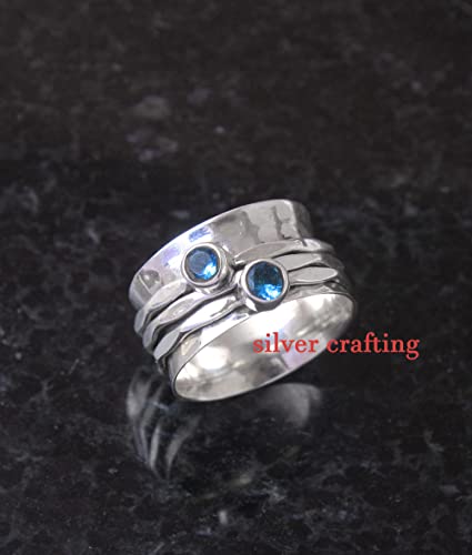 Blue Topaz Gemstone Silver Spinner meditation Fidget Spinning Ring (13)