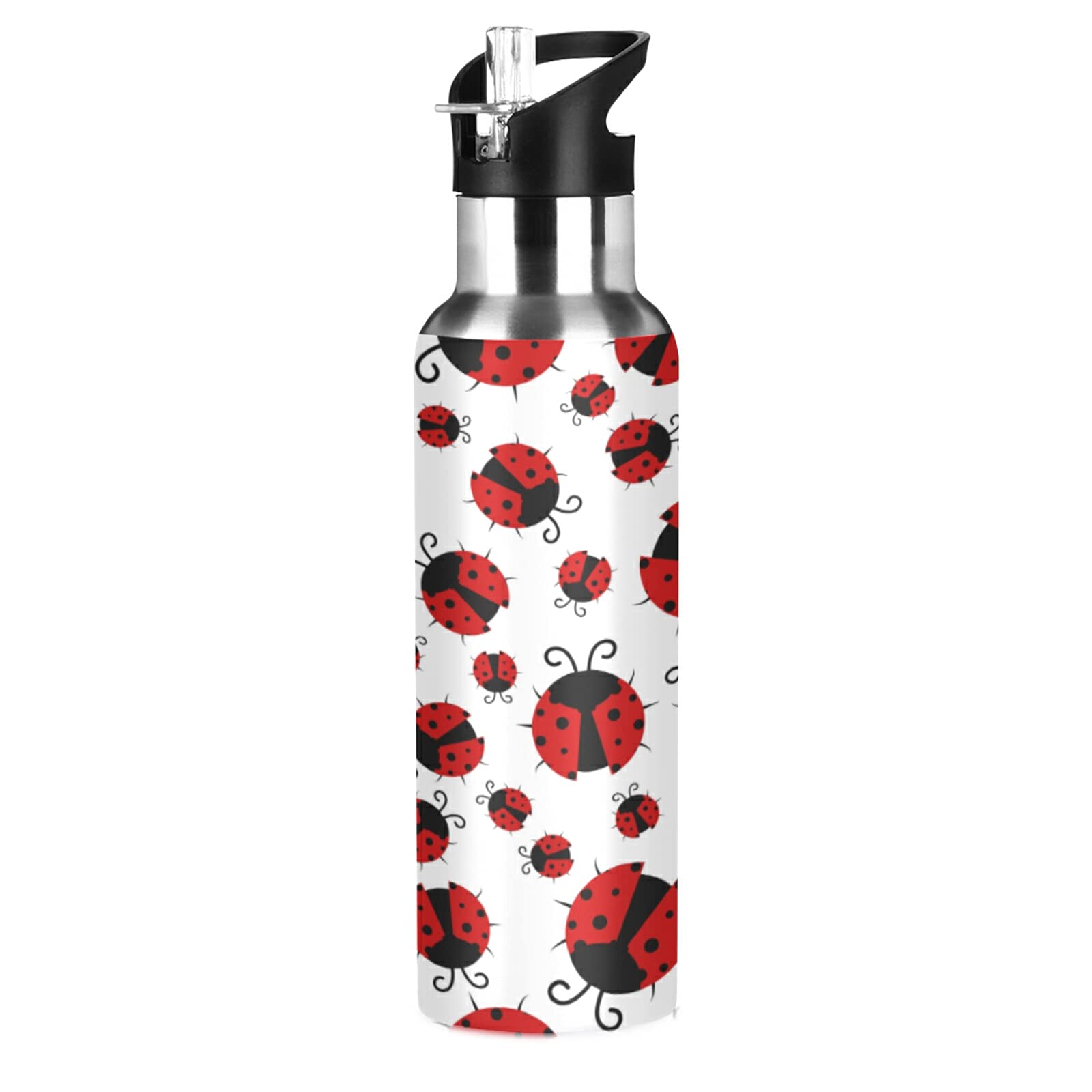 TropicalLife Animal Ladybugs Pattern Sports Water Bottle Insulated with Straw, Vacuum Stainless Steel Drinking Bottle Flask Thermo Leakproof for Outdoor Gym Travel Women Men Girls Boys 20oz