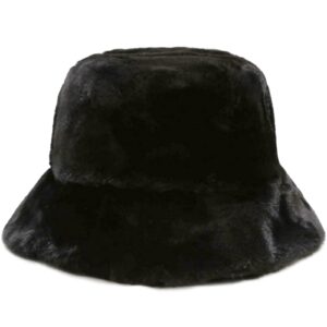 Winter Faux Fur Furry Black Bucket Hat Fluffy Fuzzy Warm Hat Plush Fisherman Hat for Women Teens Girls