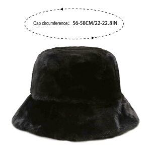 Winter Faux Fur Furry Black Bucket Hat Fluffy Fuzzy Warm Hat Plush Fisherman Hat for Women Teens Girls