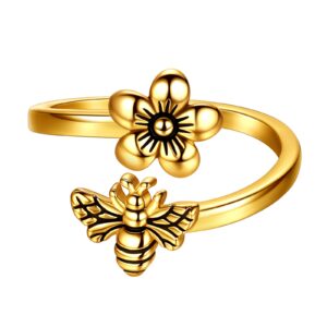 beautlace honey bee and flower adjustable ring 18k gold plated daisy flower bee open ring jewelry gift for women wife daughter mom kr0030y