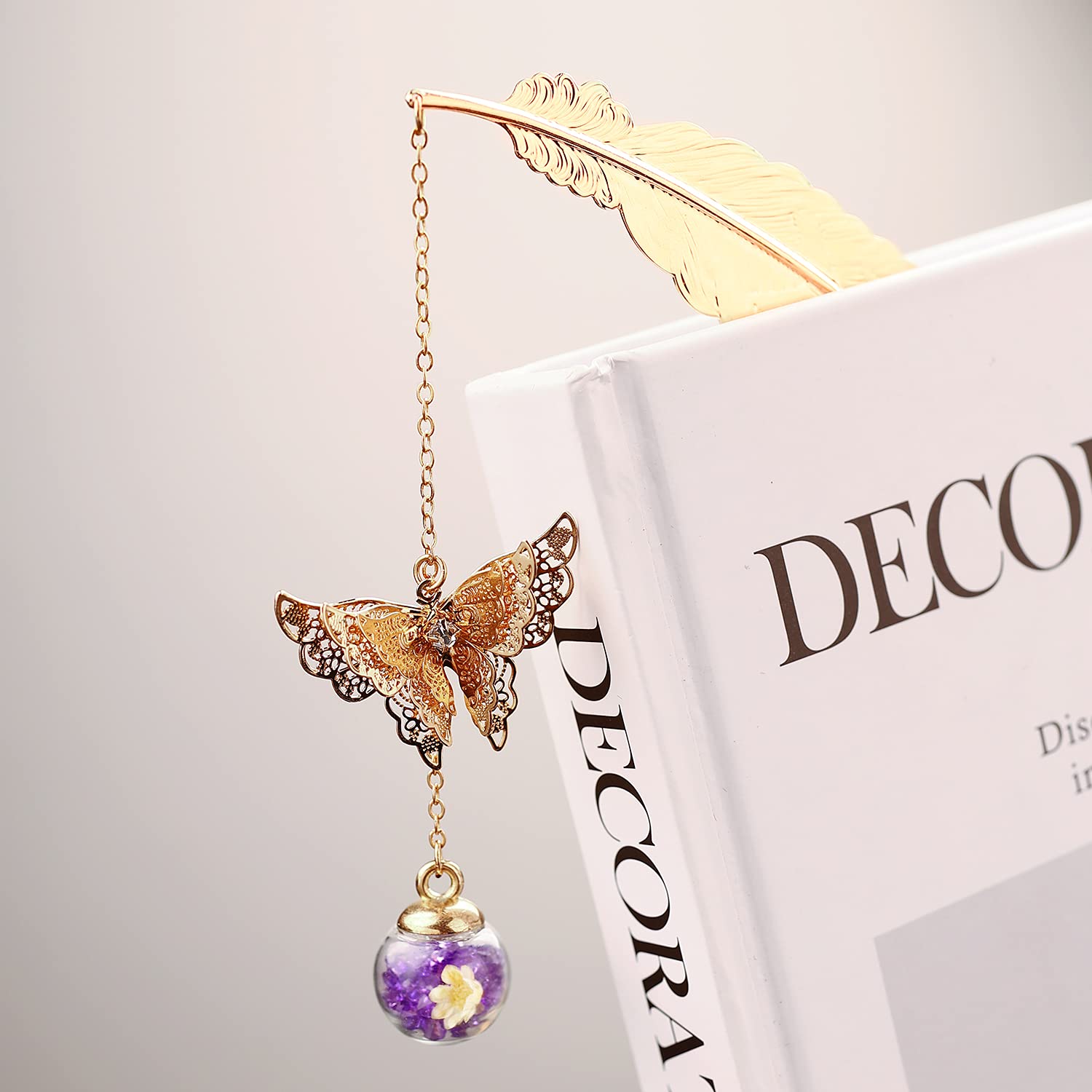 Toirxarn Metal Feather Leaf Bookmark Set Purple, Butterfly Pendant Gift for Women