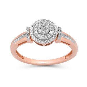 Jewelili Rose Gold Over Sterling Silver 1/4 Cttw Natural White Baguette and Round Diamond Engagement Ring, Size 7