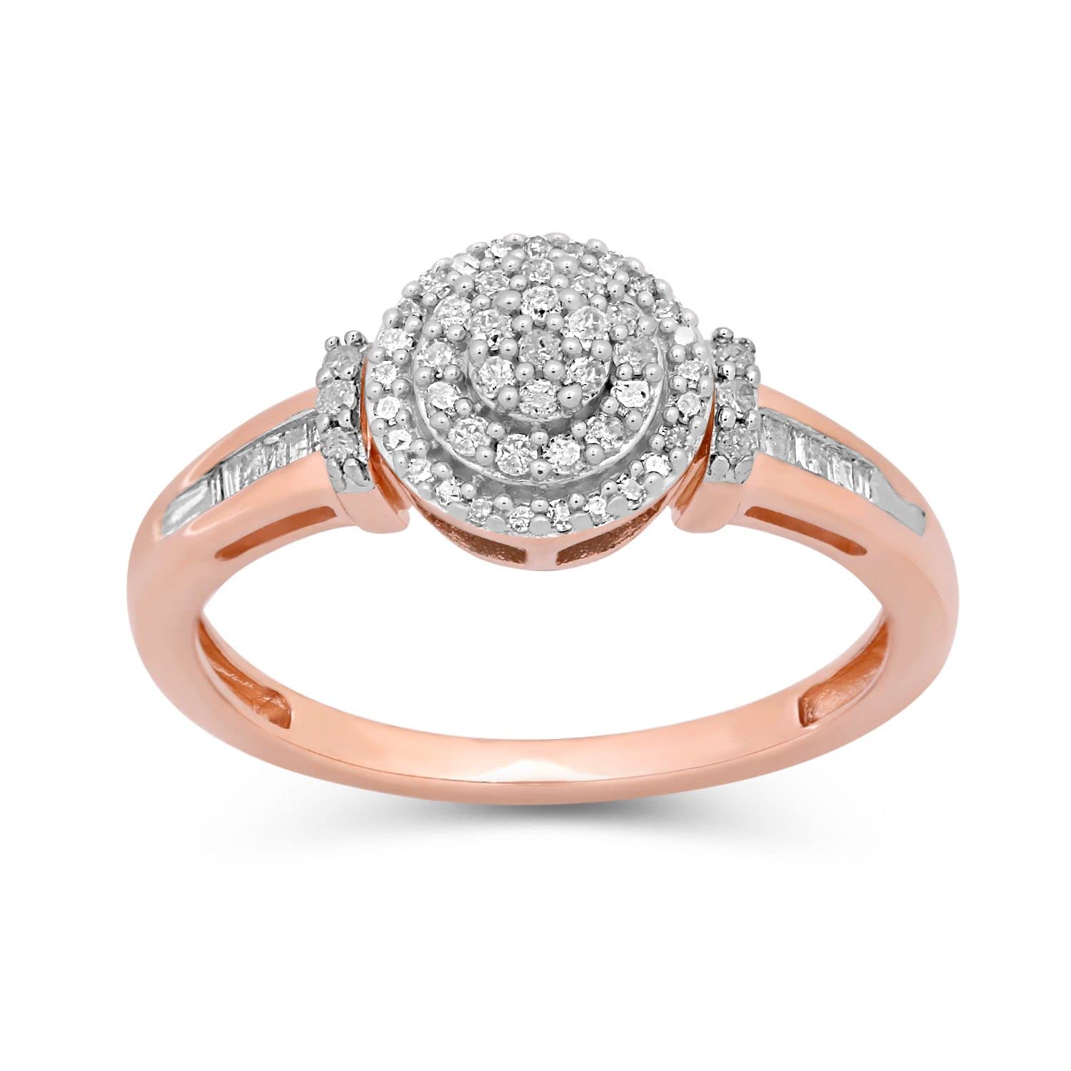 Jewelili Rose Gold Over Sterling Silver 1/4 Cttw Natural White Baguette and Round Diamond Engagement Ring, Size 7