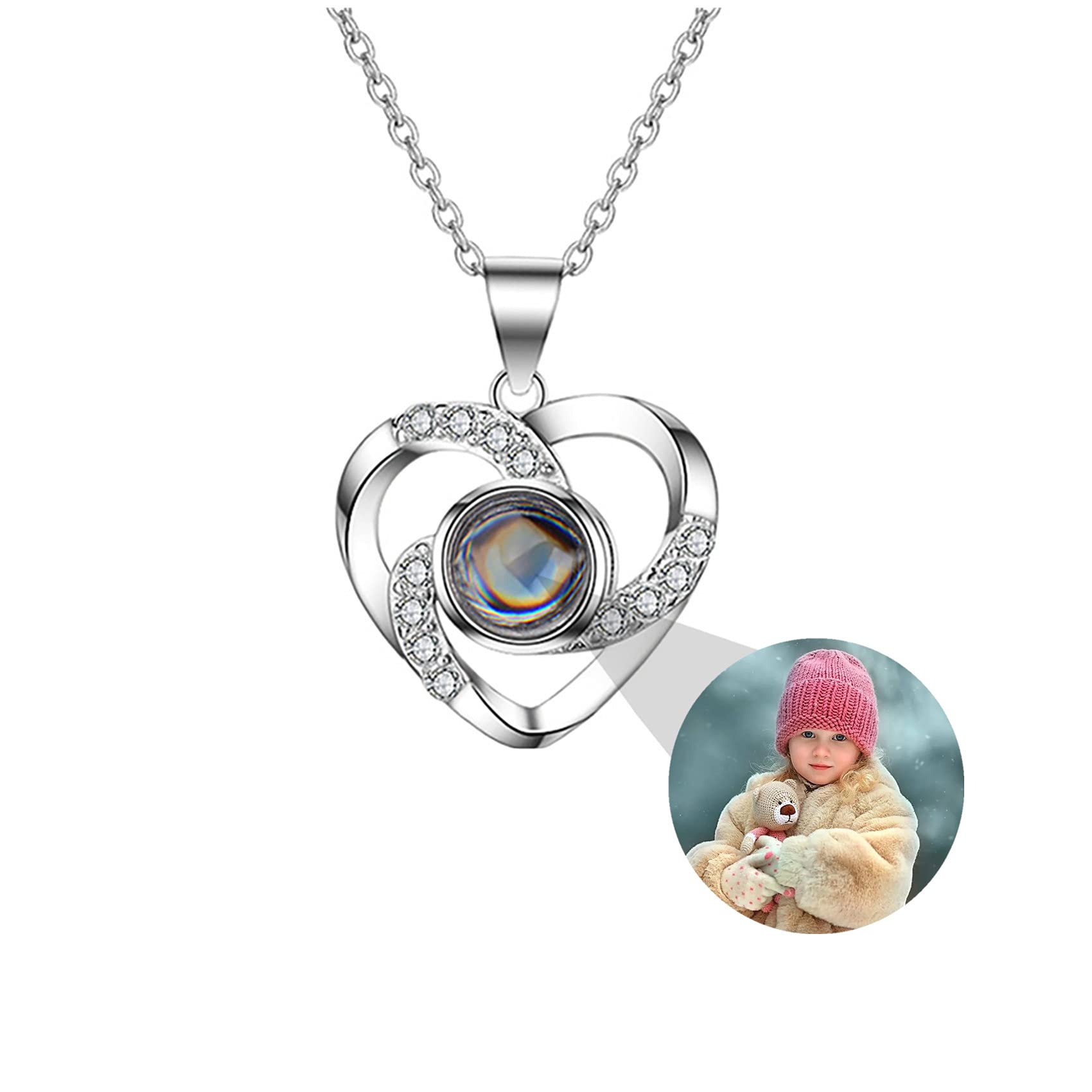 V2G1K2HJ.d Custom Photo Projection Necklace Heart Pendant Necklaces Chain Projection Gift for Love Women Family Christmas Valentine's Day Mother Day