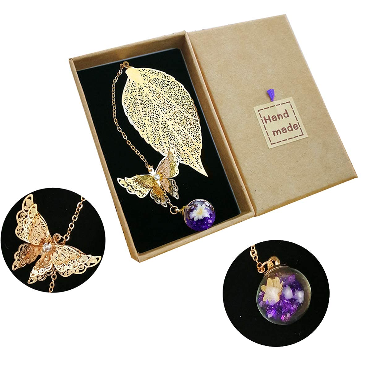 Toirxarn Metal Feather Leaf Bookmark Set Purple, Butterfly Pendant Gift for Women