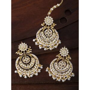 Aheli Bollywood Ethnic Chandbali Style Big Earrings Maang Tikka Set Indian Traditional Bollywood Fashion Jewelry for Women (Grey)