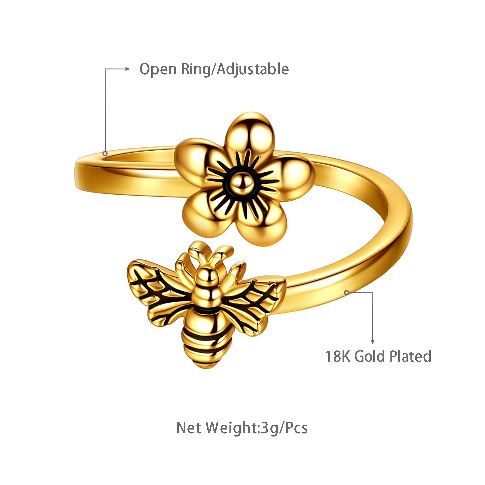 beautlace Honey Bee and Flower Adjustable Ring 18K Gold Plated Daisy Flower Bee Open Ring Jewelry Gift for Women Wife Daughter Mom KR0030Y