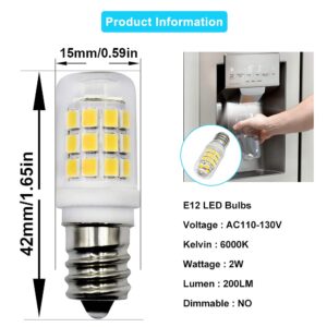 E12 LED Fridge Water Dispenser Light Bulb 2W(15W Replacement) 120V T5 Tubular Appliance Bulb for Chandeliers Home Lighting Refrigerator/Dryer Drum Light C7/S6 Clear Glass Daylight White 6000K,2-Pack