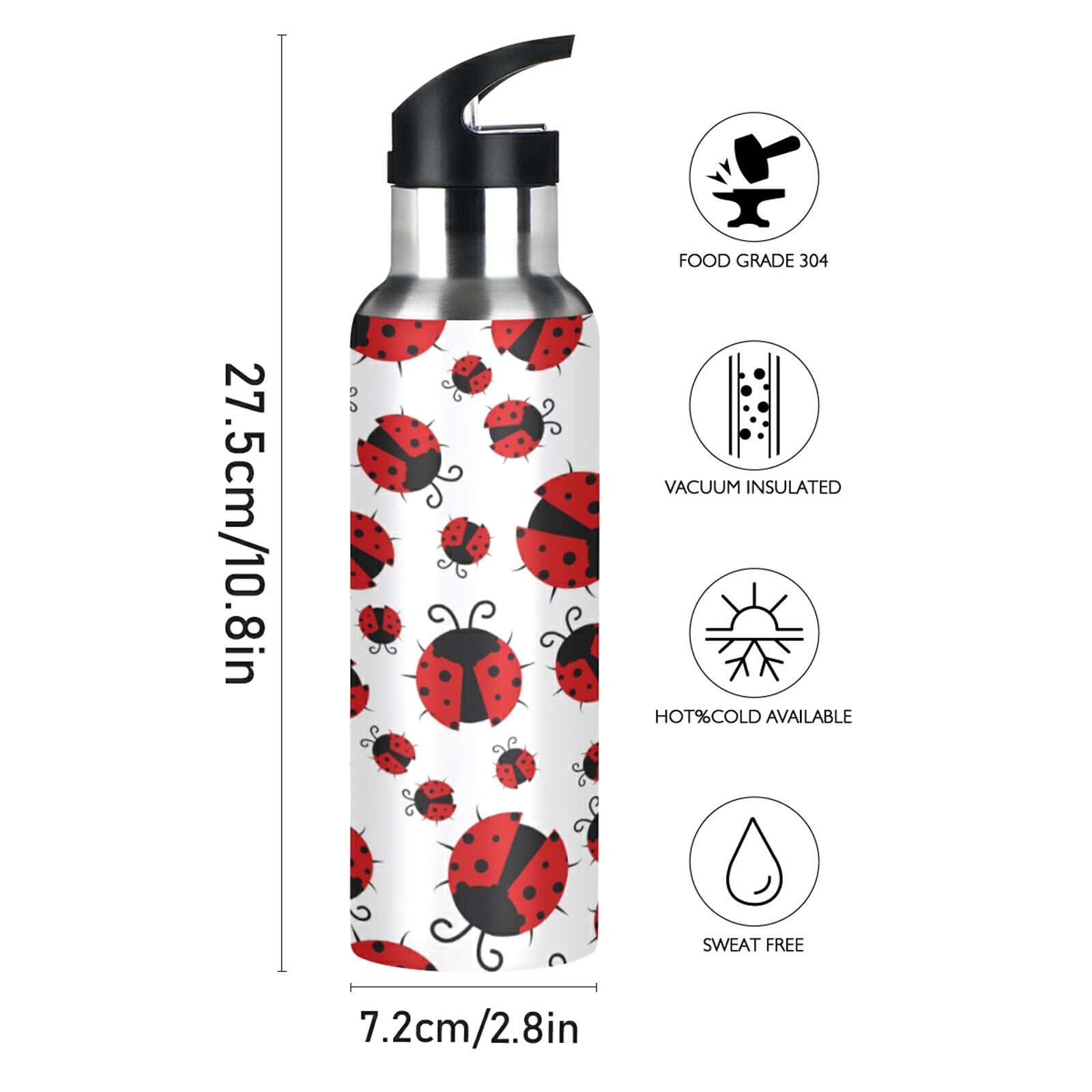 TropicalLife Animal Ladybugs Pattern Sports Water Bottle Insulated with Straw, Vacuum Stainless Steel Drinking Bottle Flask Thermo Leakproof for Outdoor Gym Travel Women Men Girls Boys 20oz