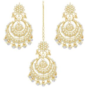 Aheli Bollywood Ethnic Chandbali Style Big Earrings Maang Tikka Set Indian Traditional Bollywood Fashion Jewelry for Women (Grey)