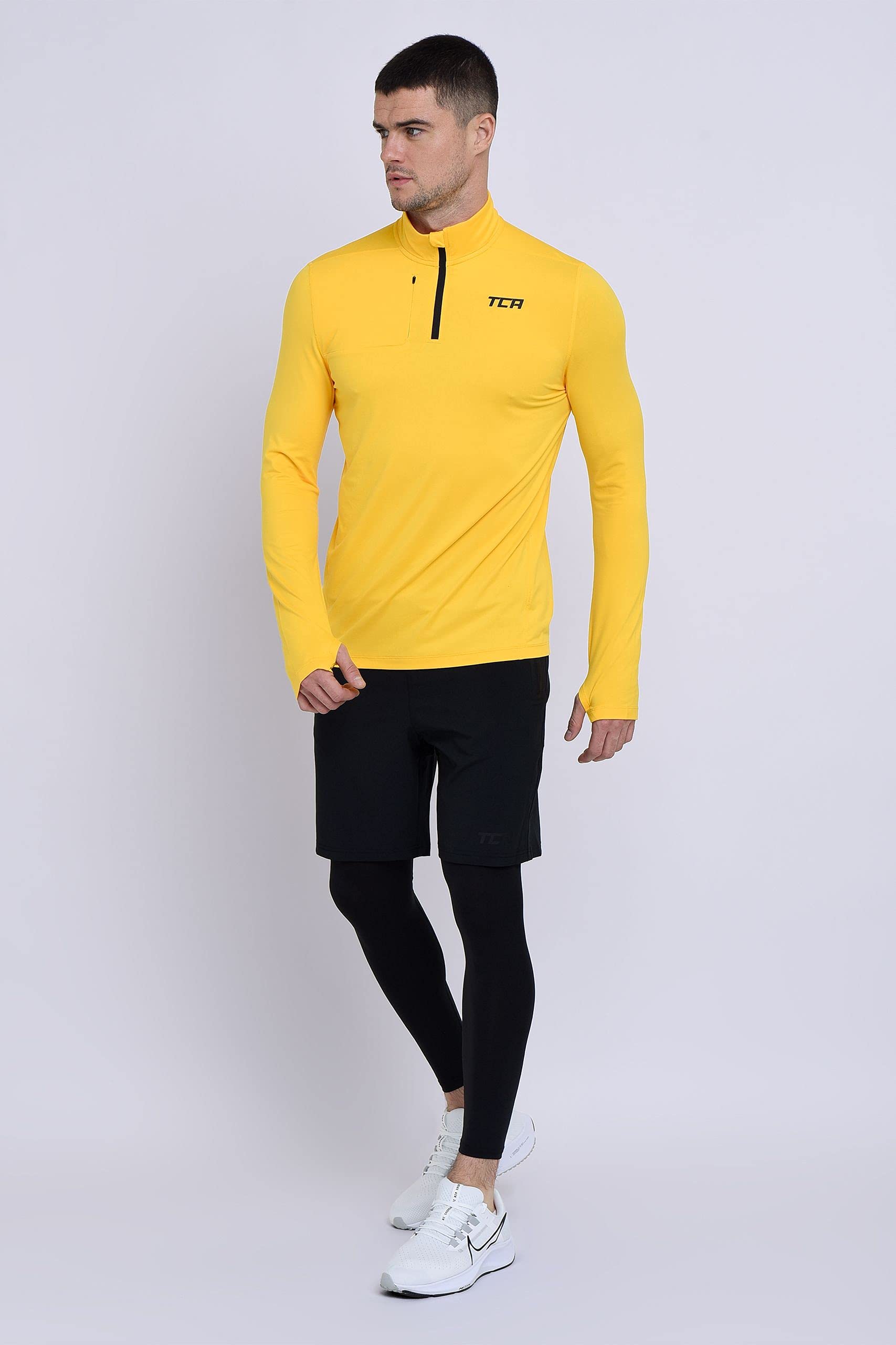 TCA Men's Fusion Pro Quickdry Long Sleeve Half Zip Running Shirt – Athletic Workout Pullover with Pocket & Thumb Holes- Spectra Yellow, Large