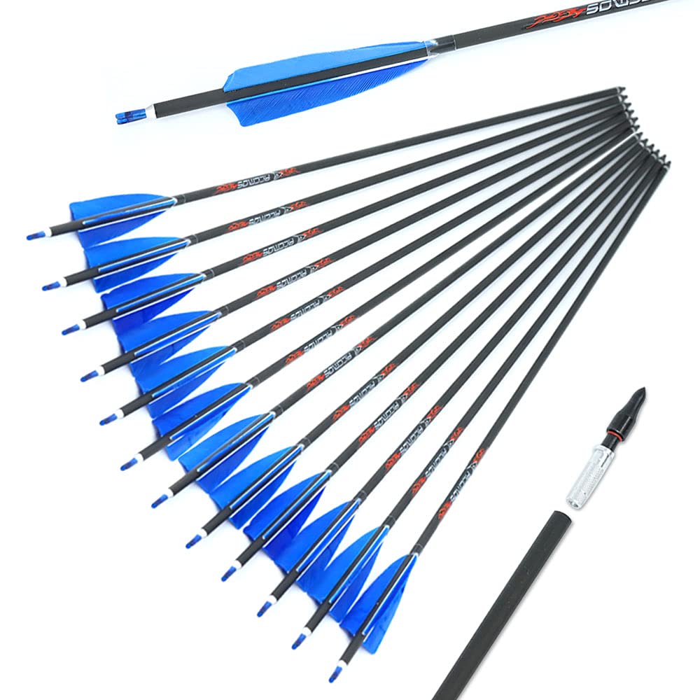 12pc Custom Length Carbon Arrows for 15-95 Lb Compound Bow ID 6.2mm .244" 22-33 Inch Spine 250 300 340 400 500 600 700 800 Target Practice & Hunting Arrow Adult Youth Shooting