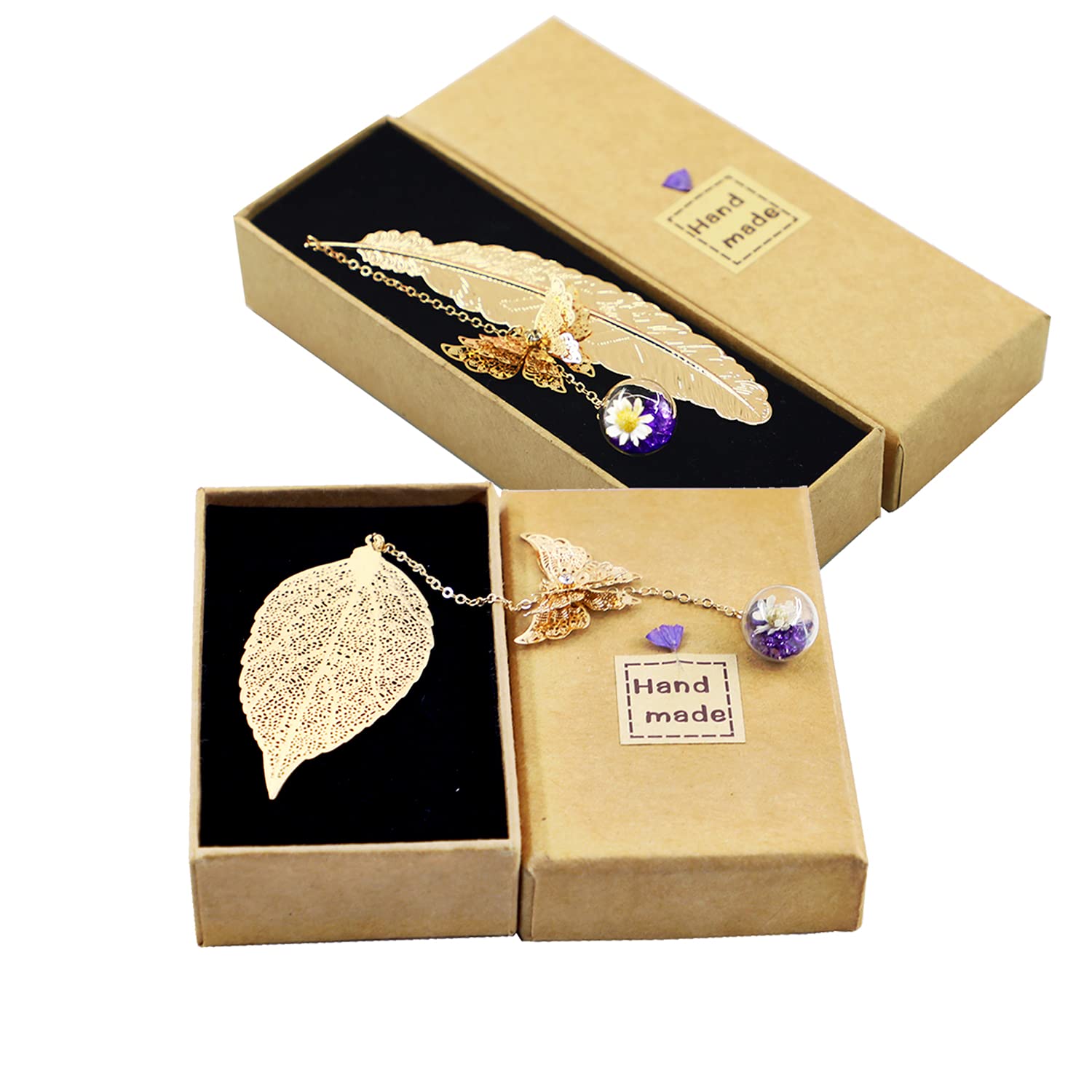 Toirxarn Metal Feather Leaf Bookmark Set Purple, Butterfly Pendant Gift for Women