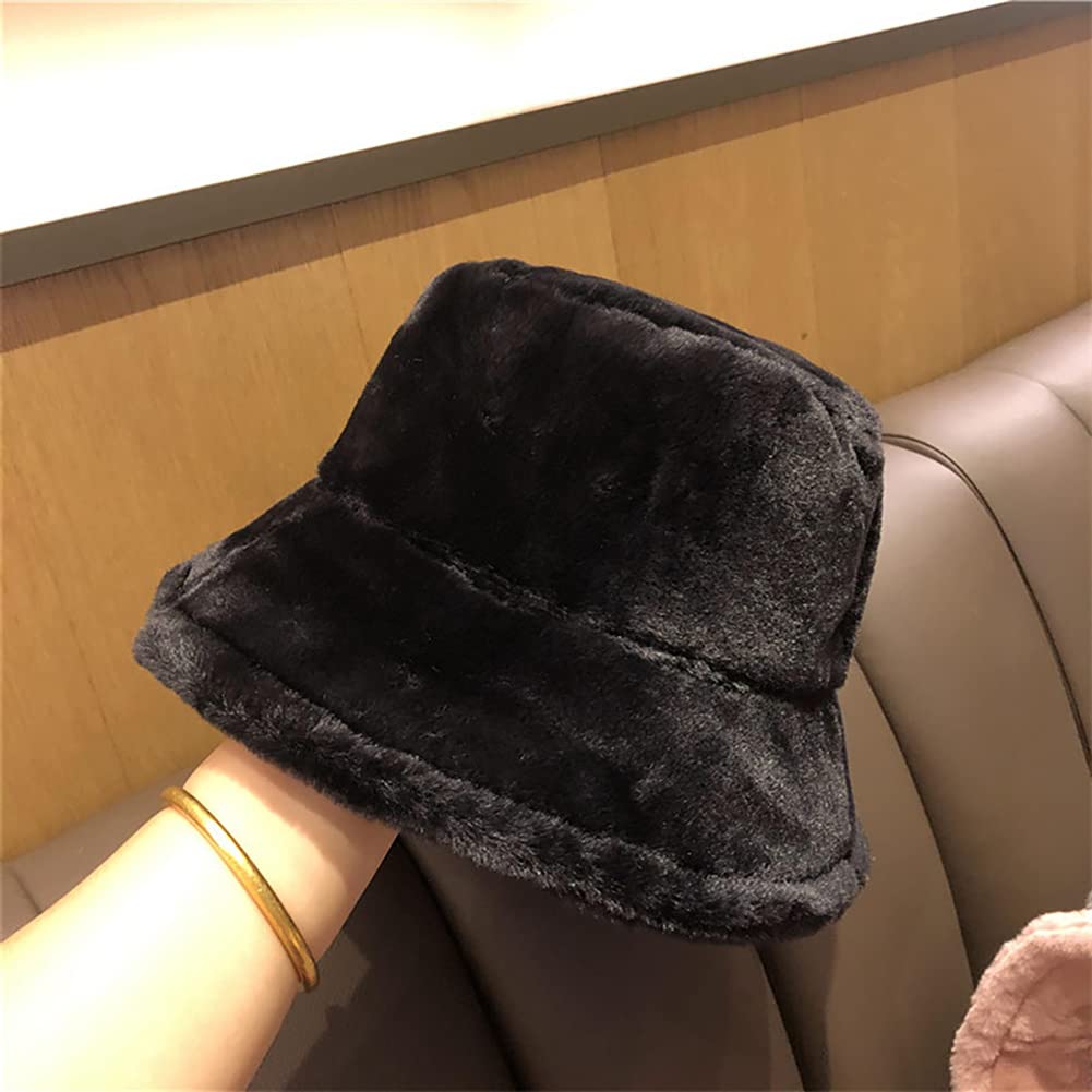 Winter Faux Fur Furry Black Bucket Hat Fluffy Fuzzy Warm Hat Plush Fisherman Hat for Women Teens Girls