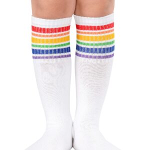 Cosy Encounter Kids Toddler Stripes Knee High Socks Cotton Sports Soccer Uniform Tube Stockings for Boys Girls 1 Pair White Rainbow One Size (WDCEAS4190S101PSN)