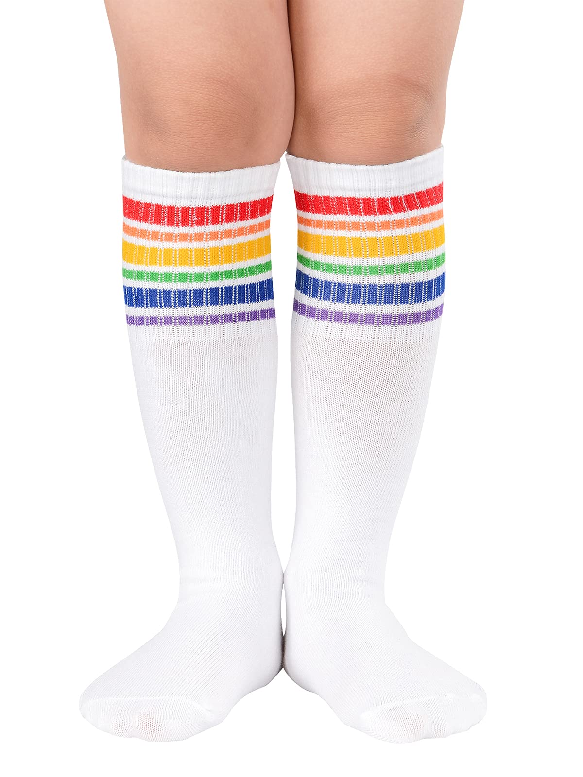 Cosy Encounter Kids Toddler Stripes Knee High Socks Cotton Sports Soccer Uniform Tube Stockings for Boys Girls 1 Pair White Rainbow One Size (WDCEAS4190S101PSN)