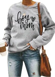 boy mom sweatshirt women lightweight fall long sleeve pullover sweatshirts cute heart graphic crewneck tops t-shirt (grey, m)